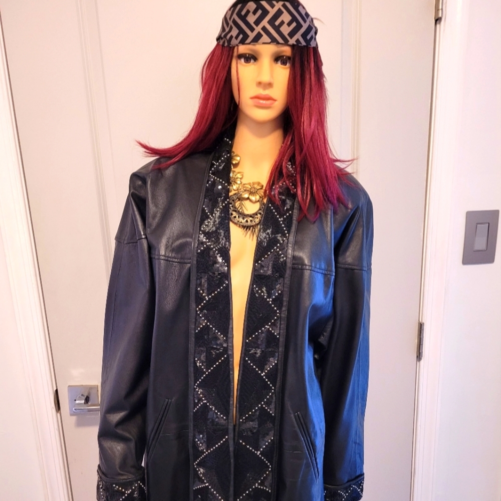 Vintage Leather Trench with Sequined Trim Size 18